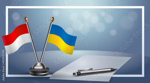Indonesia and Ukraine Small national flag on bokeh background, cooperative relationship