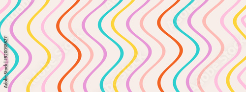 1970 Groovy Wavy Lines Seamless Pattern in Rainbow Colors. Hand Drawn Vector Illustration. Seventies Style, Groovy Background, Wallpaper. Flat Design, Hippie Aesthetic.