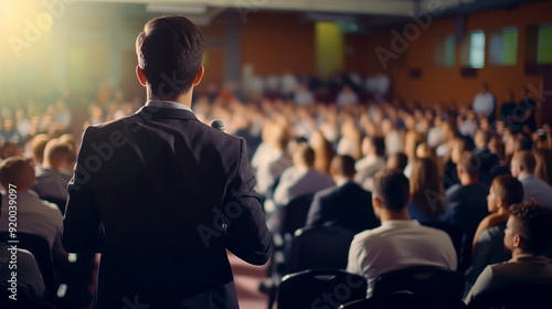 Male Speaker Giving Presentation in University Hall photo