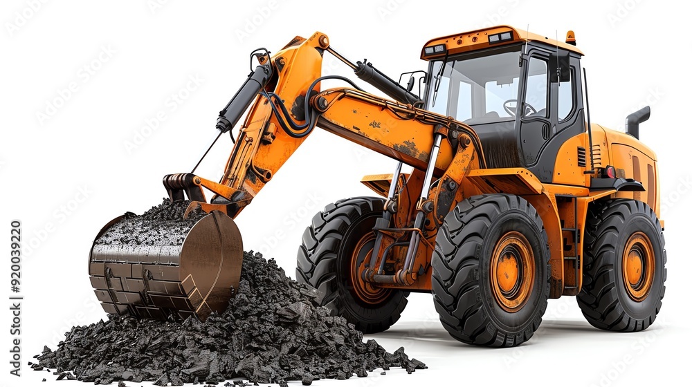 Backhoe loader with a raised front loader and rear arm positioned for digging, isolated on white, photo of backhoe loader isolated white background, dualpurpose machinery Backhoe loader with a raised front loader and rear arm positioned for digging, isolated on white, photo of backhoe loader isolated white background, dualpurpose machinery