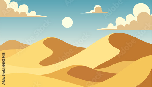 Desert dune landscape vector illustration. Desert dune mountain background realistic cartoon sahara africa yellow scene