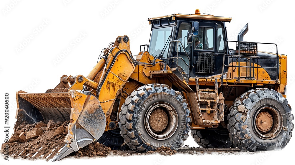 Crawler loader with a raised bucket, isolated on a white background, photo of crawler loader isolated white background, construction machinery Crawler loader with a raised bucket, isolated on a white background, photo of crawler loader isolated white background, construction machinery