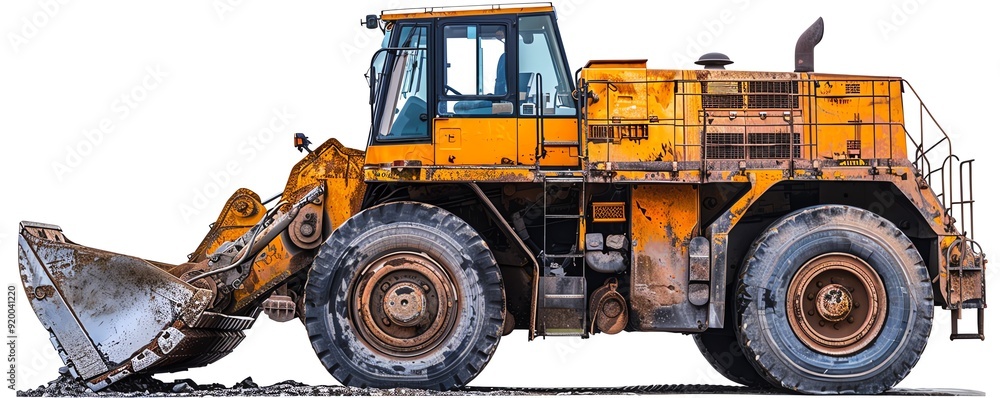 Front loader with a debris bucket, isolated on a white background, photo of loader isolated white background, waste handling equipment Front loader with a debris bucket, isolated on a white background, photo of loader isolated white background, waste handling equipment