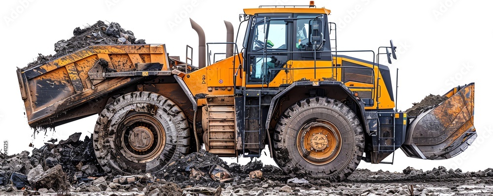 Front loader with a debris bucket, isolated on a white background, photo of loader isolated white background, waste handling equipment Front loader with a debris bucket, isolated on a white background, photo of loader isolated white background, waste handling equipment