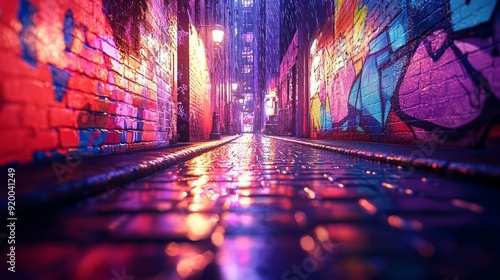 Colorful urban alley with graffiti walls illuminated by neon lights at night