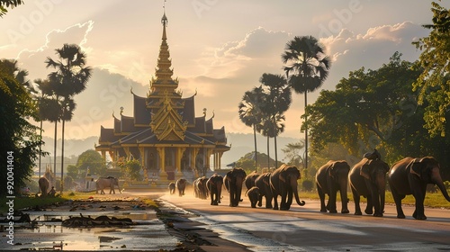 Picture of That Luang Stupa in Vientiane, Laos, with elephants. photo