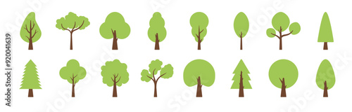 Vector tree simple flat icon. Cartoon tree forest icon silhouette set, green branch leaf.
