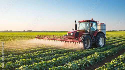 Farming tractor spraying plants in a field