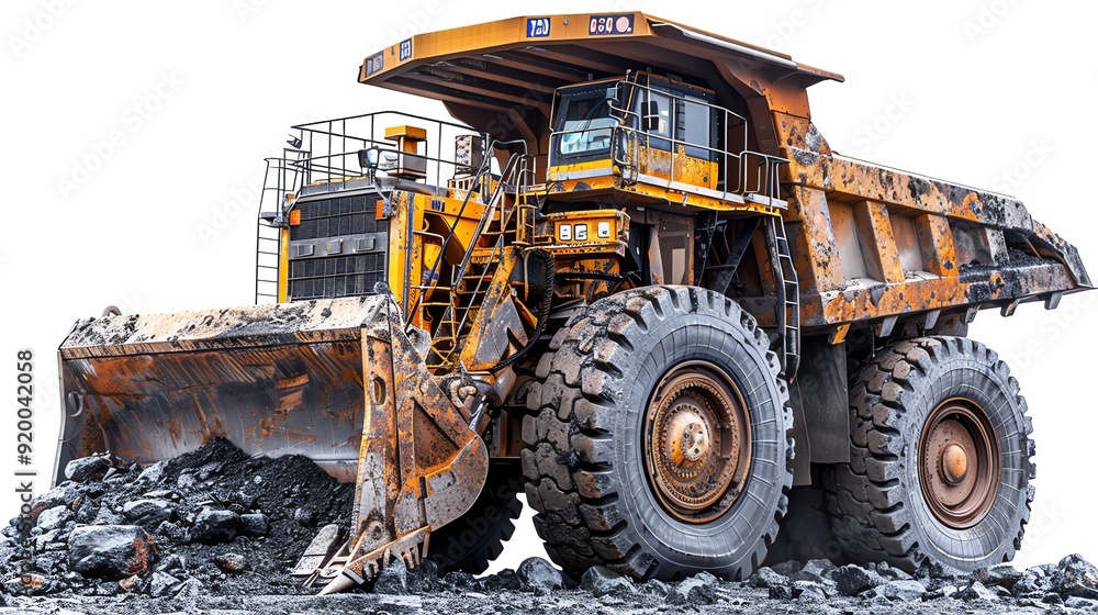 Large crawler loader with a rock bucket, isolated on white, ideal for quarry operations, photo of crawler loader isolated white background, rock handling Large crawler loader with a rock bucket, isolated on white, ideal for quarry operations, photo of crawler loader isolated white background, rock handling