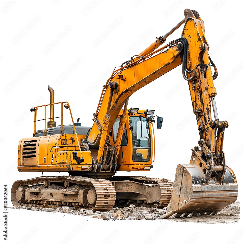 Large excavator with a hydraulic hammer attachment, isolated on white, photo of excavator isolated white background, demolition equipment Large excavator with a hydraulic hammer attachment, isolated on white, photo of excavator isolated white background, demolition equipment