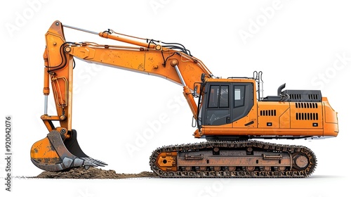 Large excavator with an extended boom and dipper, isolated on white, photo of excavator isolated white background, longreach excavator photo