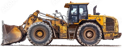 Large frontend loader in profile view, isolated on white, photo of loader isolated white background, profile construction machinery photo