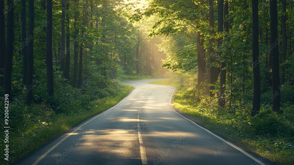 Fototapeta premium Empty road through a forest with sunrays breaking through trees