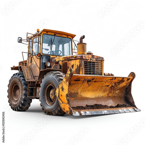 Motor grader with a wide, flat blade, isolated on a white background, photo of grader isolated white background, road leveling equipment