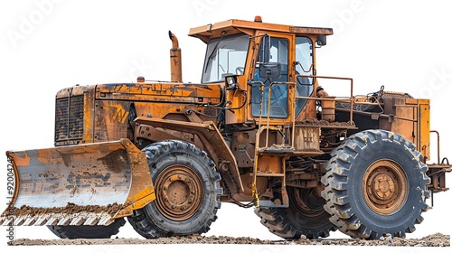 Motor grader with an extended moldboard, isolated on white, ideal for largescale projects, photo of grader isolated white background, largescale grading photo