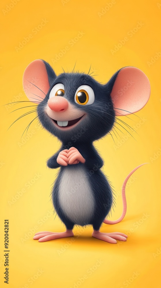 A Cartoon Mouse with a Big Smile, Standing on a Yellow Background A Cartoon Mouse with a Big Smile, Standing on a Yellow Background