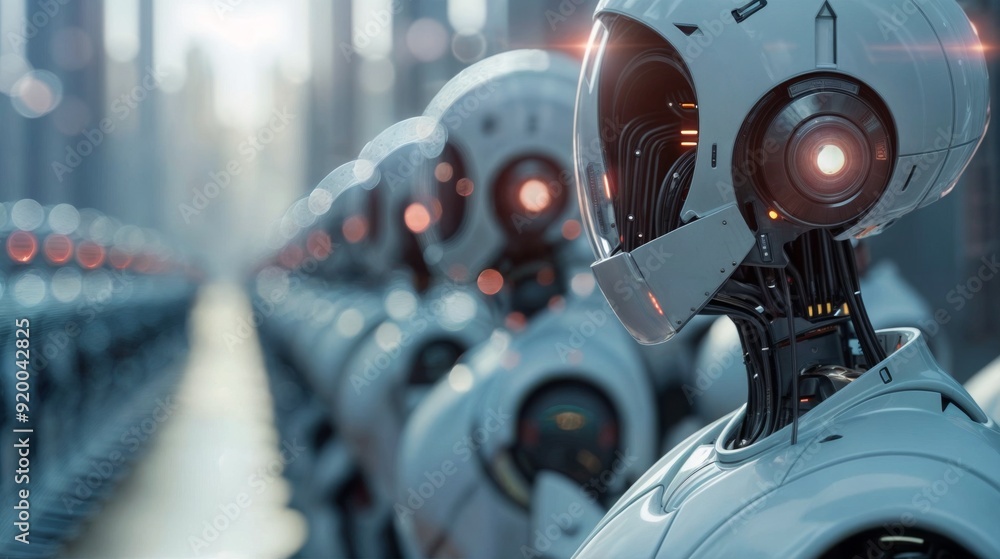 Fototapeta premium Close-up of futuristic robots lined up in a high-tech assembly line, showcasing advanced AI and automation in a sci-fi setting..