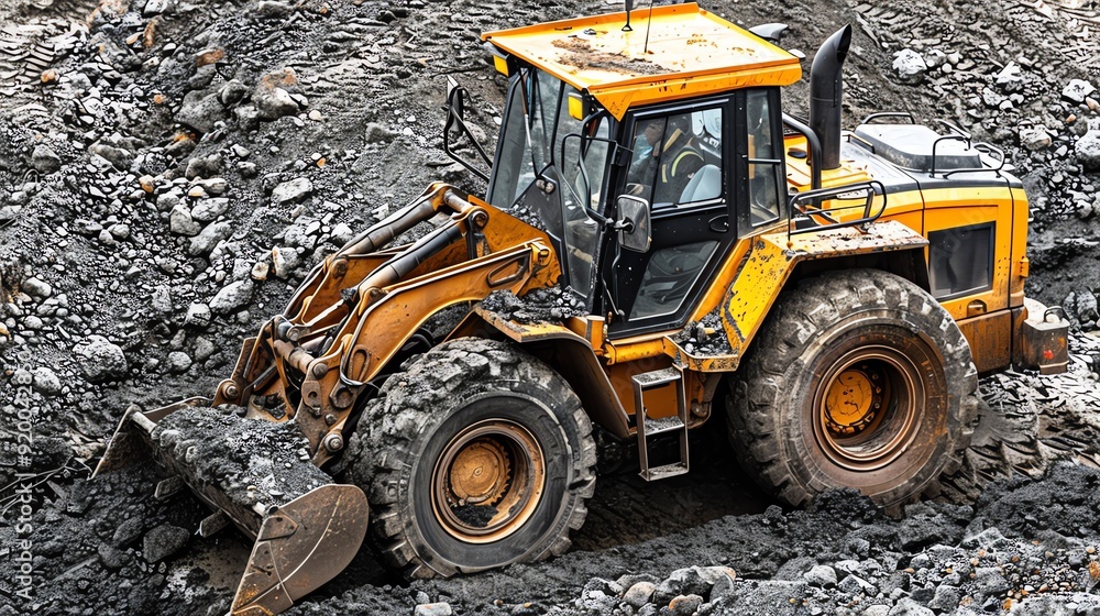 Side view of a skidsteer loader with a digging bucket, centered on a white background, photo of skidsteer loader isolated white background, earthmoving equipment Side view of a skidsteer loader with a digging bucket, centered on a white background, photo of skidsteer loader isolated white background, earthmoving equipment