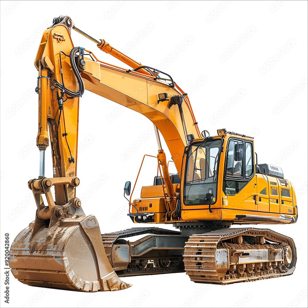 Side view of a wheel excavator with raised boom, isolated on white, photo of wheel excavator isolated white background, earthmoving machinery Side view of a wheel excavator with raised boom, isolated on white, photo of wheel excavator isolated white background, earthmoving machinery