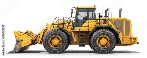 Side view of a wheel loader with a full bucket, isolated on white, photo of loader isolated white background, earthmoving machinery