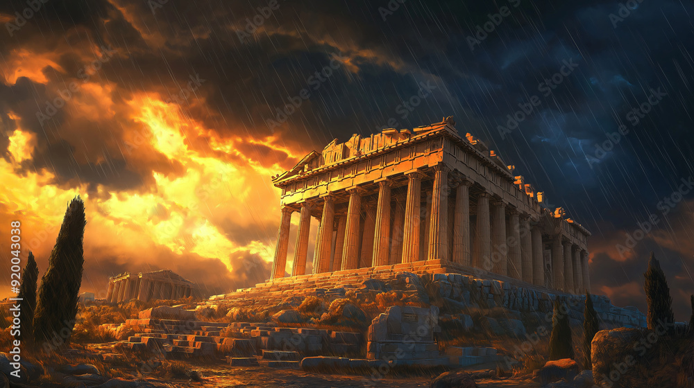 Obraz premium Ancient Greek temple with dramatic stormy sunset.