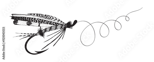 Hand drawn ink fly fishing lure. Vintage fishing tackle tied from feathers and fur.