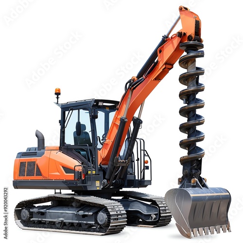 Skidsteer loader with an auger attachment, isolated on white, ready for drilling tasks, photo of skidsteer loader isolated white background, auger equipment photo