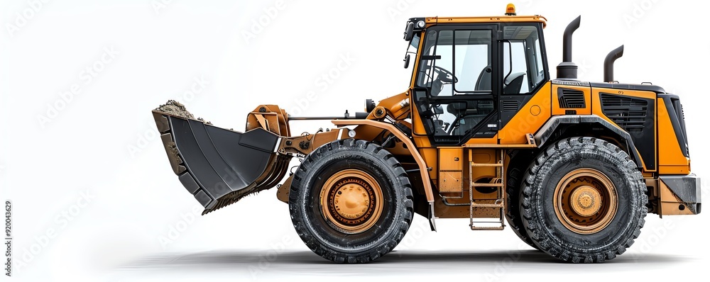 Small loader with a lowprofile bucket, isolated on white background, photo of loader isolated white background, urban construction equipment Small loader with a lowprofile bucket, isolated on white background, photo of loader isolated white background, urban construction equipment