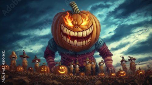 Menacing Jack-o'-lantern towering over scarecrows in a pumpkin patch. photo