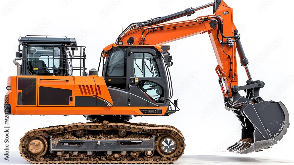Small wheel excavator with a trenching bucket, isolated on white, showcasing digging capabilities, photo of wheel excavator isolated white background, trenching tool Small wheel excavator with a trenching bucket, isolated on white, showcasing digging capabilities, photo of wheel excavator isolated white background, trenching tool