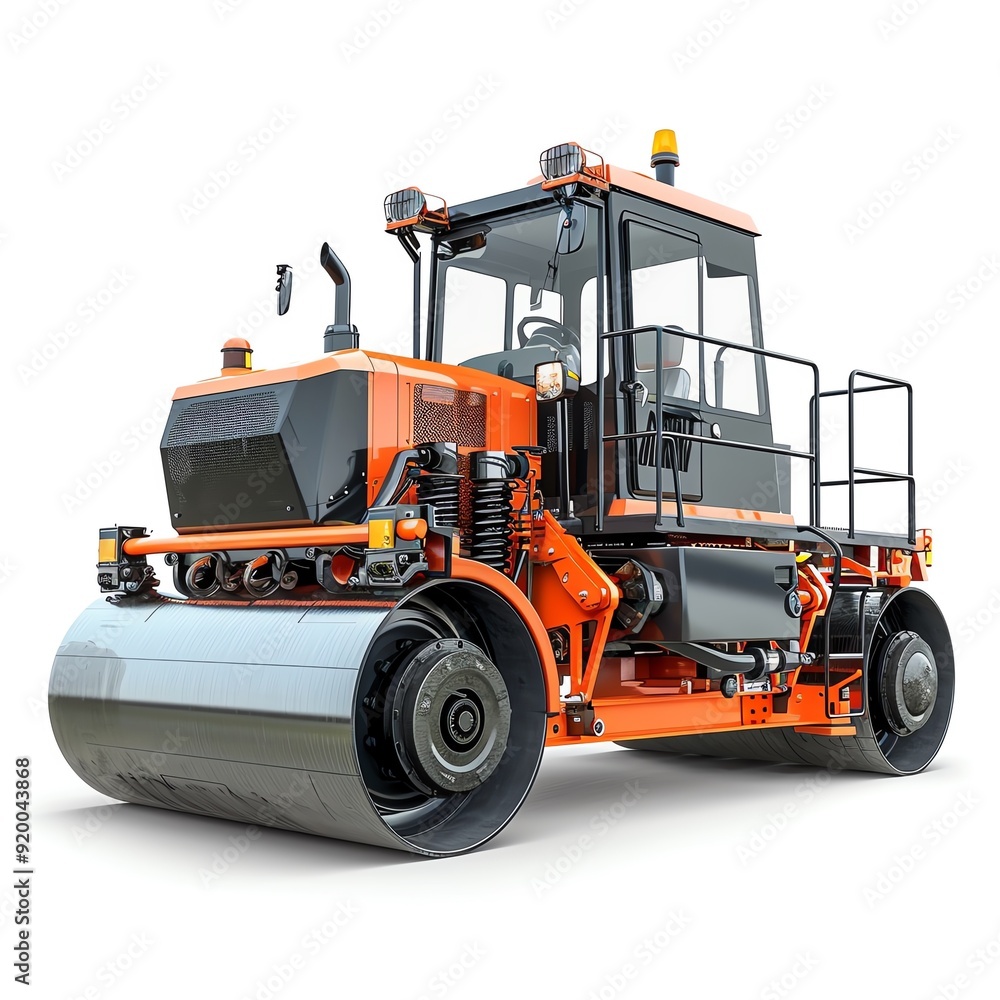 Fototapeta premium Smoothdrum roller with water spraying system, isolated on white, ideal for asphalt compaction, photo of compactorroller isolated white background, asphalt roller