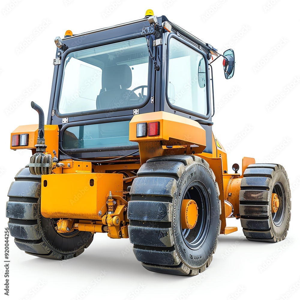 Fototapeta premium Vibratory compactor with a rubber tire rear, isolated on white, ideal for mixeduse surfaces, photo of compactorroller isolated white background, mixedsurface machinery