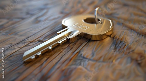 A close-up shot of a metal key lying on a textured wooden surface, symbolizing security, access, and opportunity in a minimalist setting.. photo