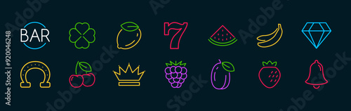 Neon casino slot icon set. Slot machine gamble neon symbol cherry fruit bar lucky casino vector light icons