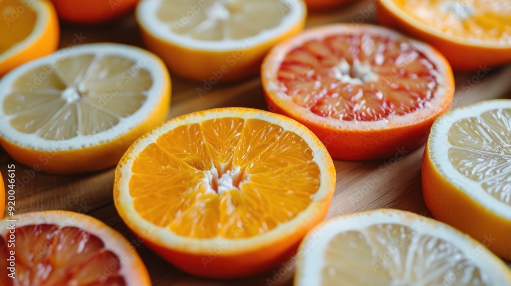 Close-up of sliced citrus fruits on a wooden surface.  Oranges, lemons and blood oranges.