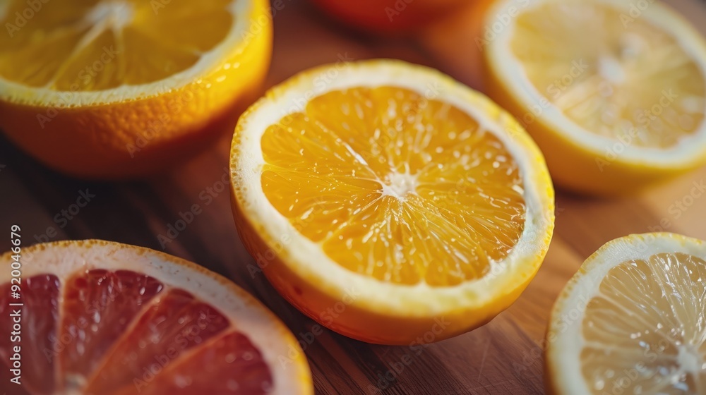 Close-up of sliced citrus fruits, including orange, lemon, and grapefruit, on a wooden surface. Close-up of sliced citrus fruits, including orange, lemon, and grapefruit, on a wooden surface.