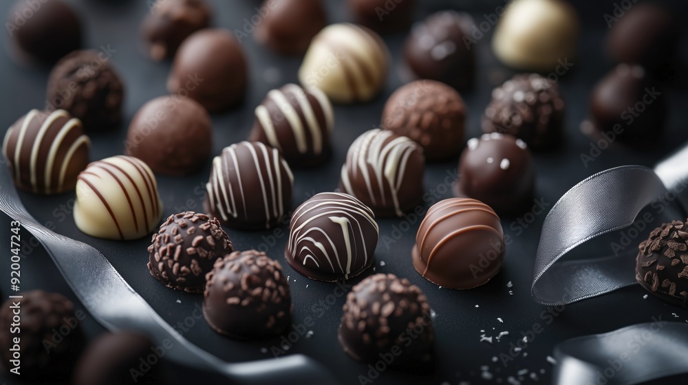 Assorted Gourmet Chocolate Truffles With Dark, Milk, and White Chocolate Drizzles and Toppings Arranged on Dark Background With Silver Ribbon Assorted Gourmet Chocolate Truffles With Dark, Milk, and White Chocolate Drizzles and Toppings Arranged on Dark Background With Silver Ribbon