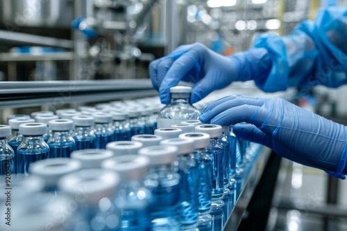 The hands of a dedicated medical worker diligently assembling vaccine vials on a production line located within a hightech pharmaceutical manufacturing factory, ensuring efficiency and precision