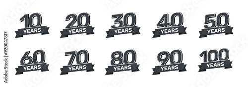 10 - 100th anniversary retro stamp set icon badge invitation. Anniversary seal background happy label logo 10th 20th 30th 40th 50th 60th 70th 80th 90th 100th
