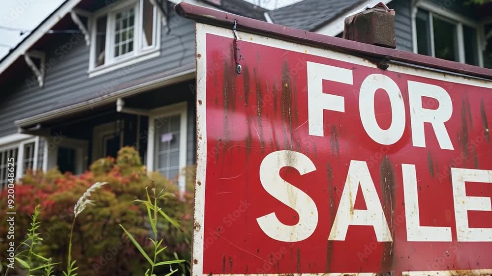 A red for sale sign stands prominently in front of a grey house, which is accented by vibrant autumn foliage, under an overcast sky. A red for sale sign stands prominently in front of a grey house, which is accented by vibrant autumn foliage, under an overcast sky.