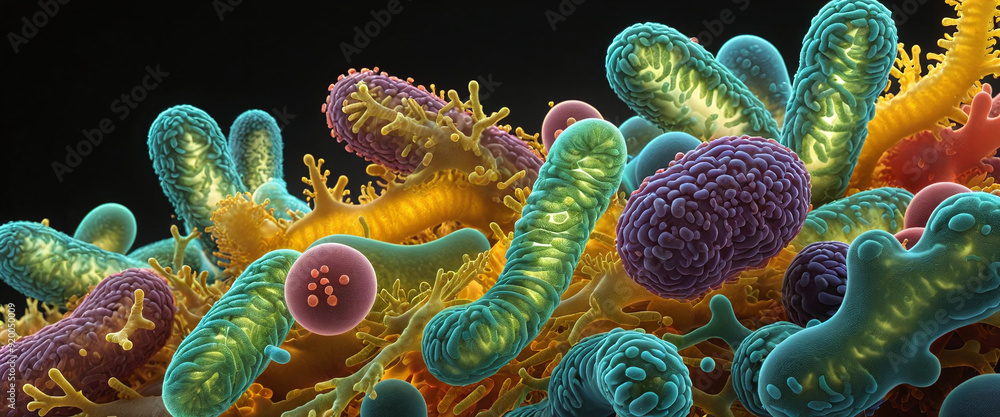 Illustrative color illustration of a microscopic close-up of a bacterial colony on an organic background Illustrative color illustration of a microscopic close-up of a bacterial colony on an organic background