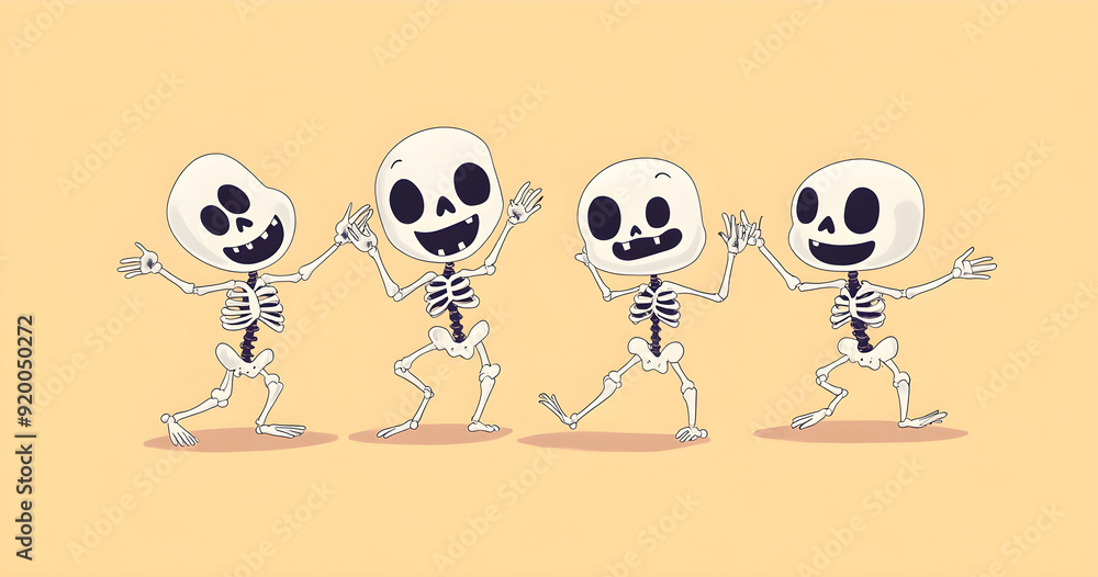 Four skeletons are dancing on a yellow background Four skeletons are dancing on a yellow background