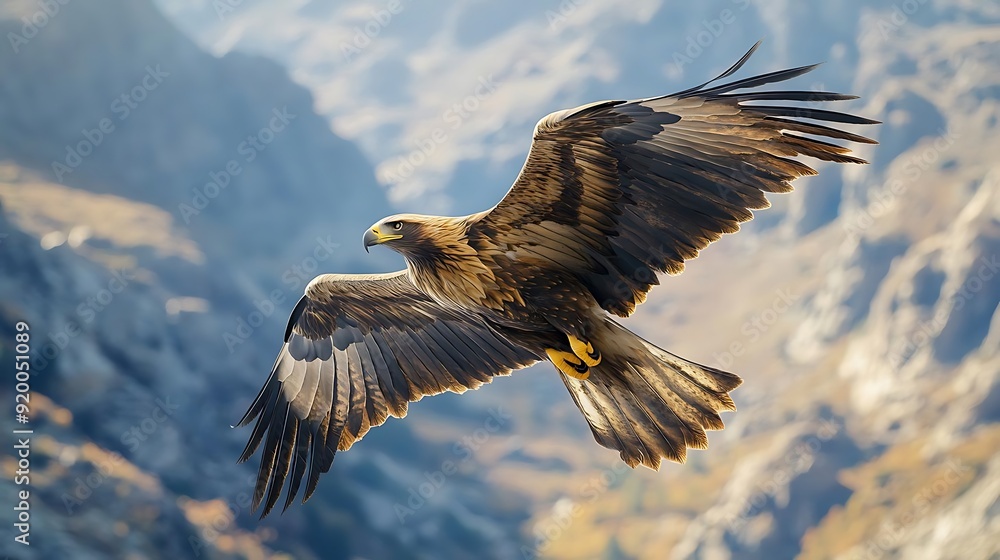 Fototapeta premium Golden Eagle in Flight Over Mountains - Realistic Photo