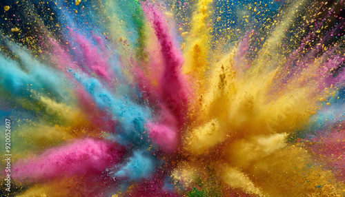 Colorful powder explosion full screen abstract art close-up. Multicolor, fuchsia pink, yellow, blue, turquoise dust blowing up. Energetic expansion, burst, explode rainbow colors on black background.