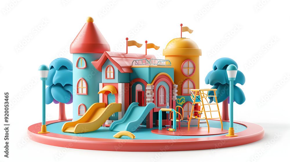 3D flat icon of a whimsical school building and playground on a dreamy background, symbolizing the balance between academics and physical activity. Perfect for text or graphics. Isolated on a white ba 3D flat icon of a whimsical school building and playground on a dreamy background, symbolizing the balance between academics and physical activity. Perfect for text or graphics. Isolated on a white ba