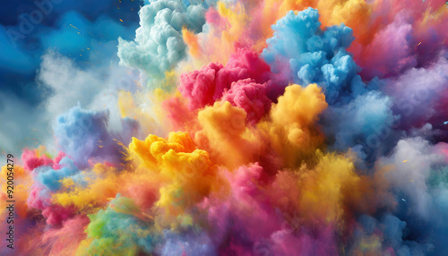 Colorful powder clouds explosion full screen abstract art close-up. Multicolor, fuchsia pink, yellow, blue, turquoise dust blowing up. Energetic expansion, burst rainbow colors on black background.