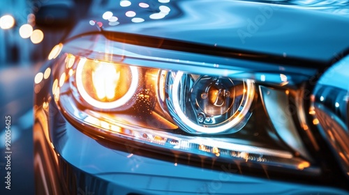 A closeup of a cars dual headlights featuring both low and high beam options for different driving conditions. photo