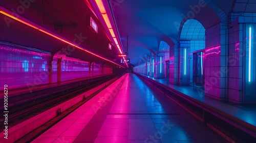 Neon Lit Urban Subway Platform