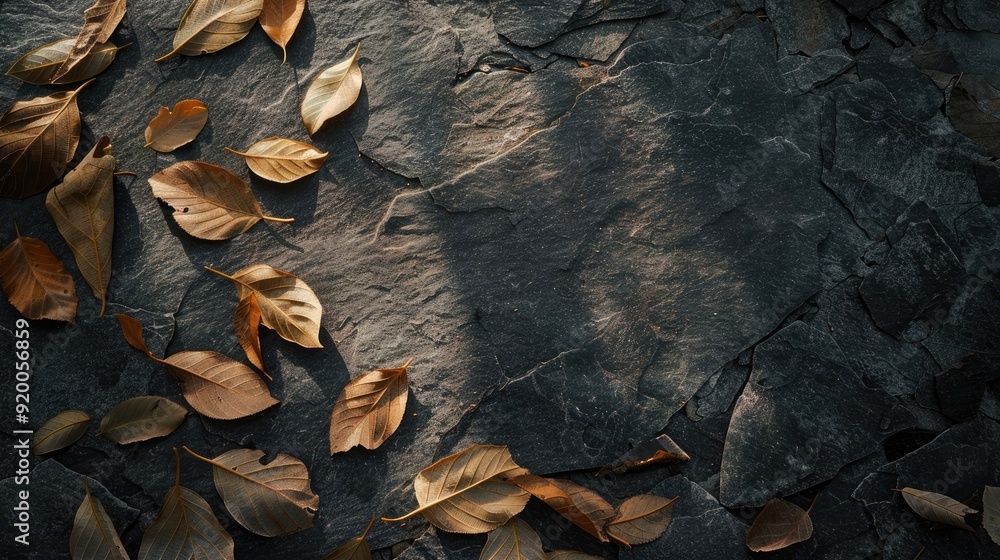 Sunlight shining on dark natural stone with dry banyan leaves, creating negative space for text.