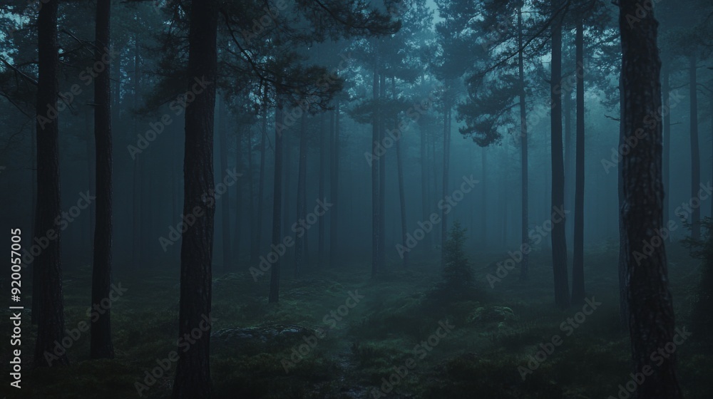 Fototapeta premium Foggy night pine forest, AI generated Image